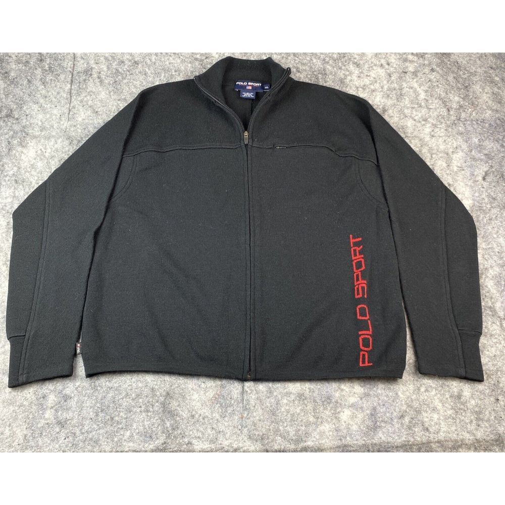 VTG‎ Polo Sport Ralph Lauren Mens XXL Black Pure Wool Full Zip Sweater Red Logo
